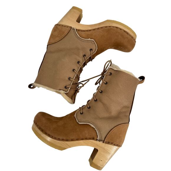 No. 6 Suede Fur High Heel Lace Up Shearling Boots Tan & Brown Size 38 (US 7.5) - Picture 10 of 13